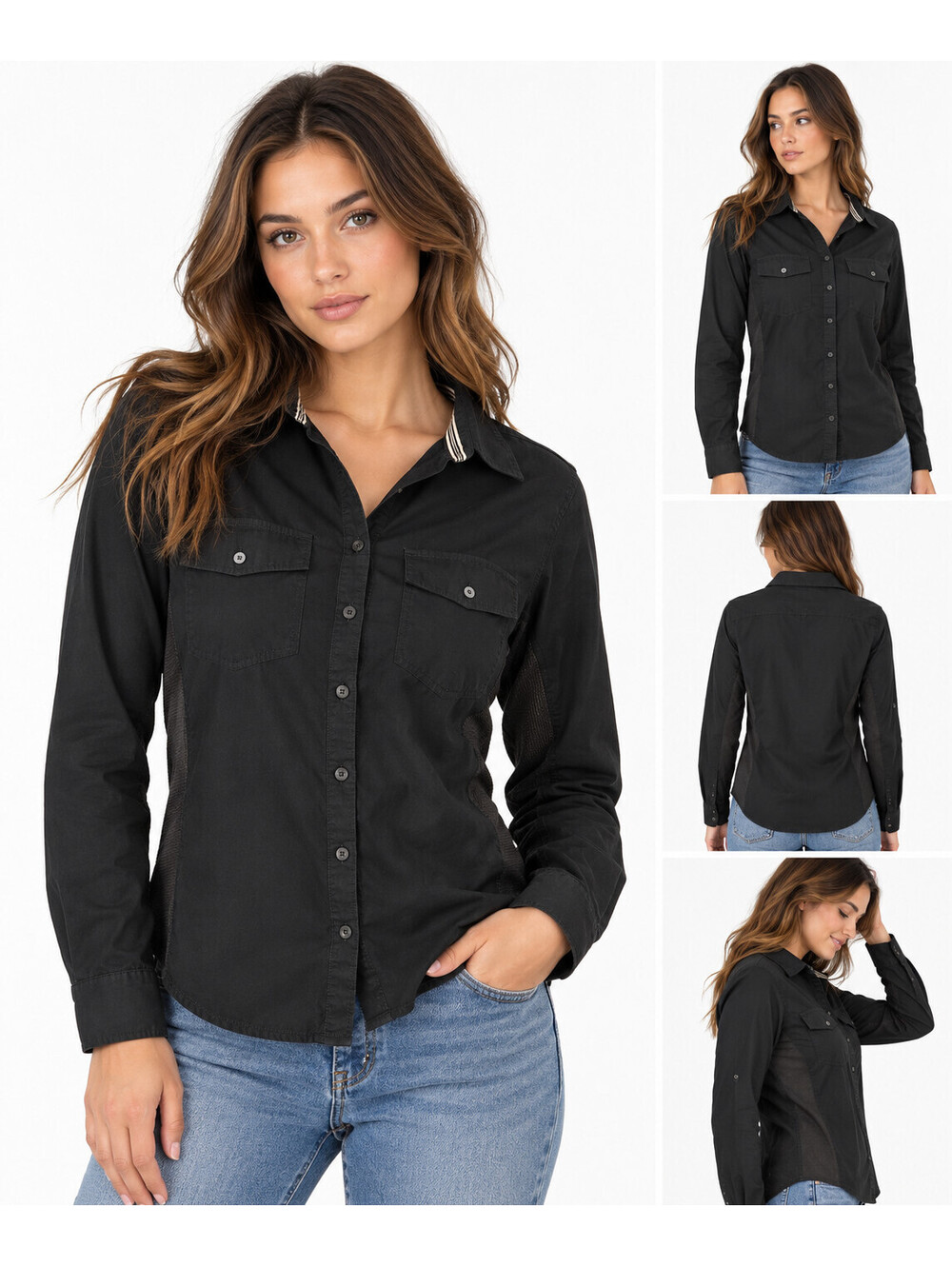 Converse One Star Women Small Black Button Down Shirt Utility Stretch Panels Y2K
